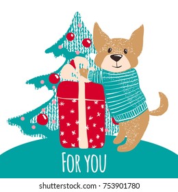 New year or Christmas greeting card with cute hand drawn dog in winter warm sweater with gift and Christmas tree. Christmas postcard. Vector illustration.