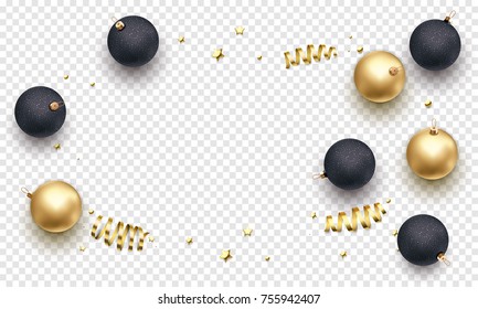 New Year or Christmas greeting card background template of golden ball in gift ribbon or gold glittering stars confetti on premium white transparent. Vector Christmas winter holiday decoration banner.