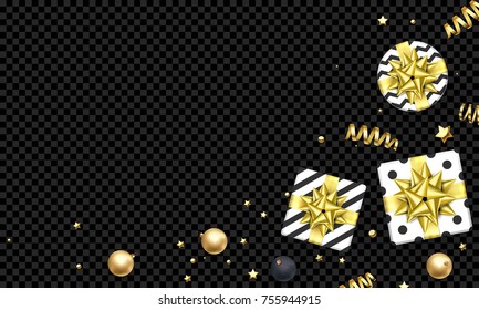 New Year or Christmas greeting card background template of golden gift ribbon or gold glittering stars confetti on premium black transparent. Vector Christmas winter holiday decoration sale banner.