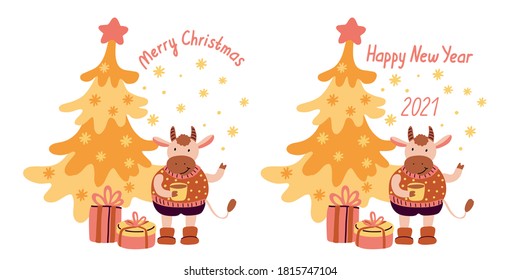 New Year and Christmas greeting cards with gift boxes, christmas tree and cute cheerful bull holding mug of tea. Year of ox 2021. Hand drawn lettering. Vector illustration isolated on white background