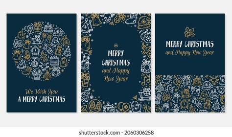 New Year and Christmas greeting cards set with vector icons in doodle sketch style on a blue background. A template for leaflets for printing with winter symbols.