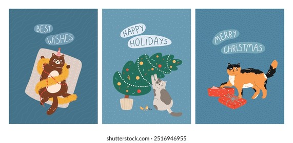 New Year and Christmas greeting cards with cute cats. Feline pets lying on rug with garlands, playing with Christmas tree, climbed into giftbox. Vector flat design for celebration print, poster