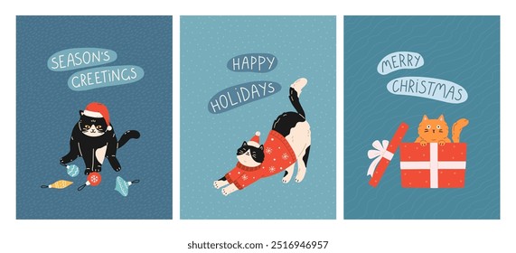 New Year and Christmas greeting cards with cute cats. Feline pets playing with Christmas decorations, stretching in sweater, sitting in giftbox. Vector flat design for celebration print, poster