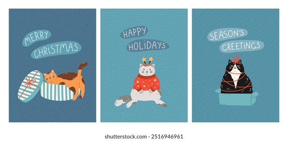 New Year and Christmas greeting cards with cute cats. Feline pets climbed into giftbox, sitting in sweater, decorated ribbon like a Christmas tree. Vector flat design for celebration print, poster