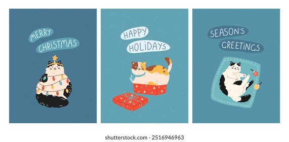 New Year and Christmas greeting cards with cute cats. Feline pets decorated garland like a Christmas tree, sitting in giftbox, lying on rug. Vector flat design for celebration print, poster, banner