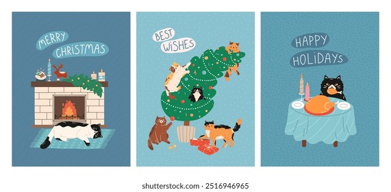 New Year and Christmas greeting cards with cute cats. Feline pets sleeping on rug by the fireplace, climbing Christmas tree, trying holiday dinner. Vector flat design for celebration print, poster