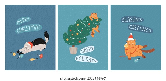 New Year and Christmas greeting cards with cute cats. Feline pets playing with holiday decorations, climbing Christmas tree, sitting with garlands. Vector flat design for celebration print, poster