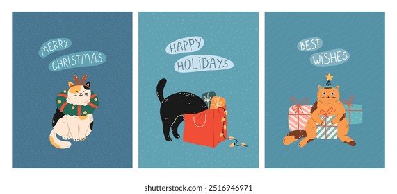 New Year and Christmas greeting cards with cute cats. Feline pets wearing Christmas wreath, climbed into shopping bag, sitting with giftboxes. Vector flat design for celebration print, poster, banner