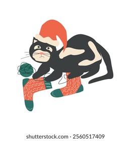 New Year and Christmas greeting cards with cute cat. Vector illustration. 