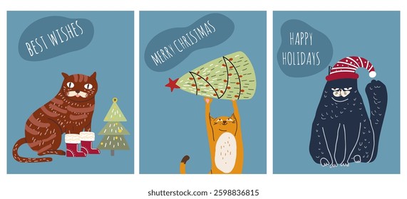 New Year and Christmas greeting cards with cute cats. Vector hand drawn for celebration print, poster, illustration.