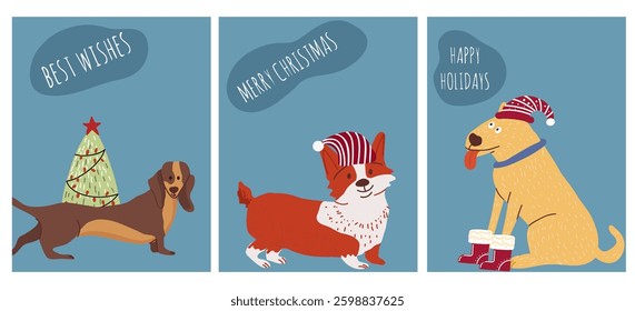 New Year and Christmas greeting cards with cute dogs. Vector hand drawn for celebration print, poster, illustration.