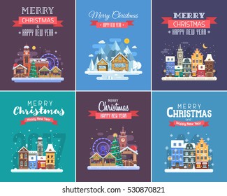 New Year and Christmas greeting cards. Winter holidays congratulation templates in flat design. Christmas and New Year wishing cards with traditional celebration text and winter festive backgrounds.