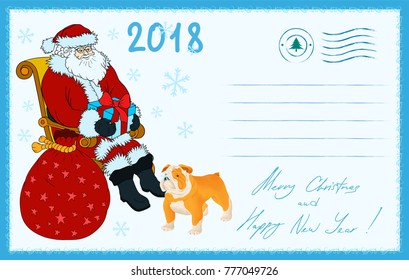 New Year and Christmas greeting postcard. 2018 year of the dog by Chinese astrology calendar. Bulldog is  near sitting Santa Claus. "Merry Christmas and Happy New Year" lettering.