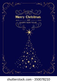 New year and Christmas greetings design. Elegant Christmas card with golden Christmas tree
