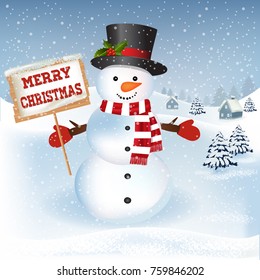 New year and Christmas greetings design. Winter holidays landscape. Background with snowman, houses and trees