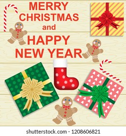 New year and Christmas greetings, vector illustration, Christmas cookies, gifts, boot, postcard, banner, poster