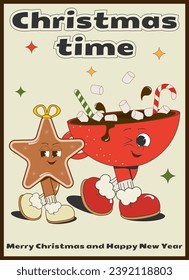 New Year and Christmas groovy poster with funny characters: hot cocoa and ginger cookies. Vector illustration in the comic retro style of old cartoons of the 50s-70s.