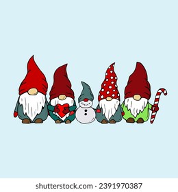 New Year and Christmas group of cute hand-drawn gnomes and a snowman.