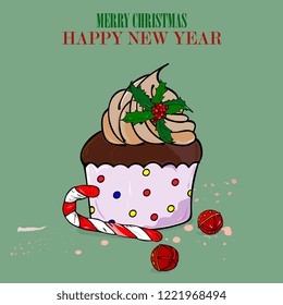 New Year and christmas hand drawn card. Set of  element of chocolate cupcake, sweet cane and bells. Vector template for greeting cards, party invitations, posters, stickers,
