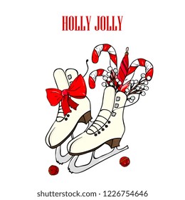 New Year and christmas hand drawn card. Set of  element of sweet cane, lollipop, skates,mistletoe, bow,
 bells. Vector template for greeting cards, party invitations, posters, stickers,
