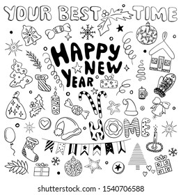 New Year and Christmas hand drawn vector icons. Big doodle set collection. The inscription Happy New Year, home and your best time. Candle, mittens, sweets, stars, gifts, toys, berries of holly, etc.