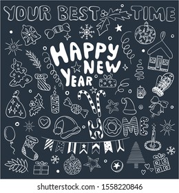 New Year and Christmas hand drawn vector icons. Big doodle set collection. The inscription Happy New Year, home and your best time. Candle, mittens, sweets, stars, gifts, toys, berries of holly, etc.