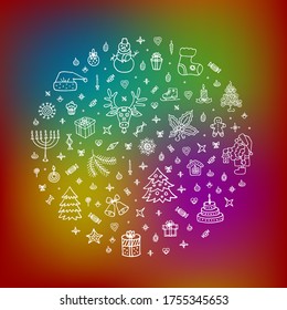 New Year, Christmas hand drawn elements in circle. New Year symbols. Happy 2020 New Year, Christmas gift card, greeting card, badge, poster, background. Vector holiday image, illustration.