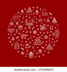 New Year, Christmas hand drawn elements in circle. New Year symbols. Happy 2020 New Year