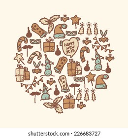 new year and christmas hand drawn doodle sketch objects arranged in ball shape