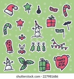new year and christmas hand drawn doodle colorful sketch isolated objects, outlines