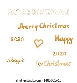 New Year and Christmas handwritten inscriptions and a heart in gold gradient. Lettering - Merry Christmas, I love christmas, 2020, happy, Magic. EPS8 vector illustration