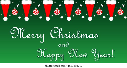 New Year and Christmas holiday banner with gnome hats, Christmas balls and stars. Greeting card and holiday concept. Vector EPS10.