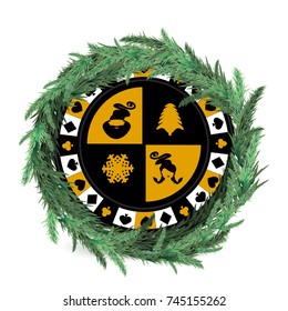 New Year and Christmas holiday. a casino poker chip. santa claus, Mrs. Klaus, a snowflake and a Christmas tree. yellow chip. illustration for your design. spruce Christmas wreath