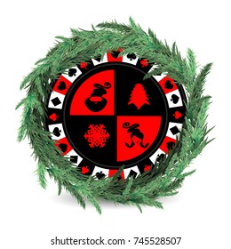 New Year and Christmas holiday. a casino poker chip. santa claus, Mrs. Klaus, a snowflake and a Christmas tree. red chip. illustration for your design. spruce Christmas wreath