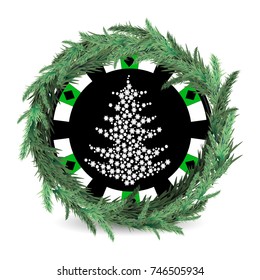 New Year and Christmas holiday. a casino poker chip. New Year tree of white circles in a New Year's wreath. green chip. illustration for your design