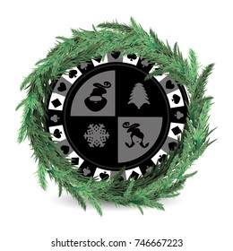 New Year and Christmas holiday. a casino poker chip. santa claus, Mrs. Klaus, a snowflake and a Christmas tree. gray chip. illustration for your design. spruce Christmas wreath