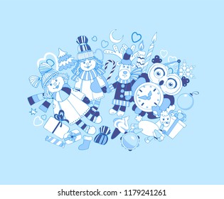 New year and Christmas. Holiday gifts, gifts, toys. Girls in winter outfits.
