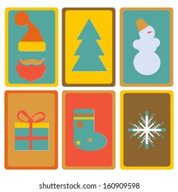 New Year and Christmas Holiday icons set trendy retro style in vector with pictures of  santa claus, christmas tree, snowman, box with surprise, socks and snowflake