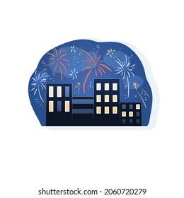 New Year or Christmas holiday night in city. Building window lighting, building with firework sparlking and bursting in sky sticker. Vacation time vector illustration. Greeting card design element
