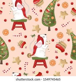 New year and Christmas holiday seamless pattern with mouse for wrapping paper or fabric with different elements. Fashionable vintage style.