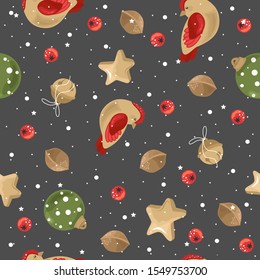 New year and Christmas holiday seamless pattern with different elements. For wrapping paper or fabric. Fashionable vintage style.