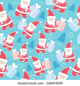 New Year, Christmas Holiday seamless background with Santa Claus and presents. Vector illustration.