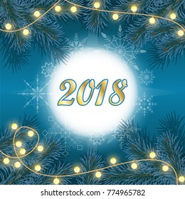 New Year and Christmas holidays background with 2018, pine tree branches, snowflakes, light bulbs, on dark blue background. Vector.