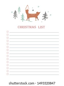 New Year and Christmas holidays to do list with doodle trees and cute fox. Vector Printable checklist. Winter party organization, greeting cards, invitations, gifts ideas, stationery