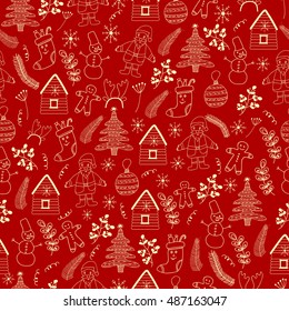 New year and Christmas holidays hand drawn seamless pattern. Gold doodle elements on the red  background