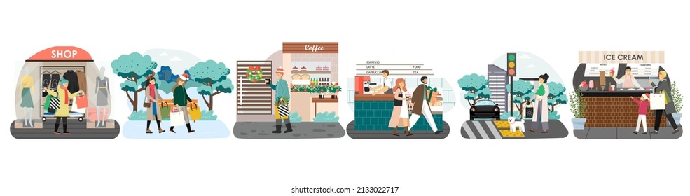 New Year Christmas holidays preparation scene set. People walking in street with shopping bags, gifts, fir tree, vector.