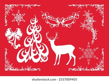 new year or christmas holidays vector silhouette design set with fir tree, deer and snowflakes frame border