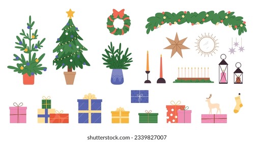 Neue Kollektion von Hausdekorationen und Weihnachten. Hausdekoration, Weihnachtsbaum, Geschenkbox und Kerzen. Skandinavischer Winterurlaub, Vektorgrafik