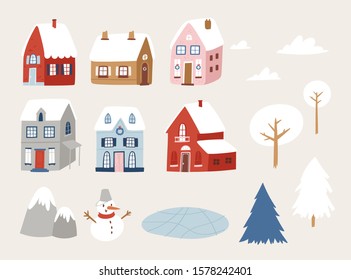 New Year and Christmas home set. Stylized winter cute cozy houses with snowman, trees, mountains. Winter City collection. Vector illustration holidays elements. Good for design, cards or posters. 