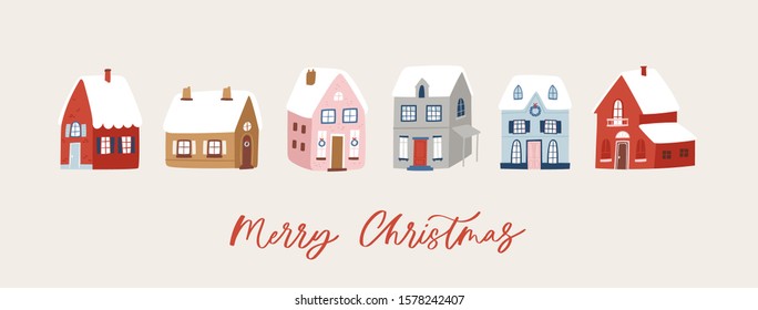 New Year and Christmas home set. Stylized winter cute cozy houses. Winter City collection. Vector illustration holidays elements on snow background. Good for design, cards or posters. 